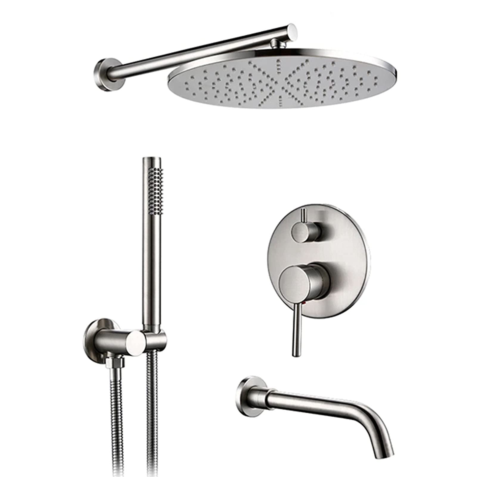 CWCQGH Shower Faucet Set Brushed, Stainless Steel Rain Shower System with Tub Spout, Wall Mount Rain Mixer Shower Set with Hand Shower,8inch