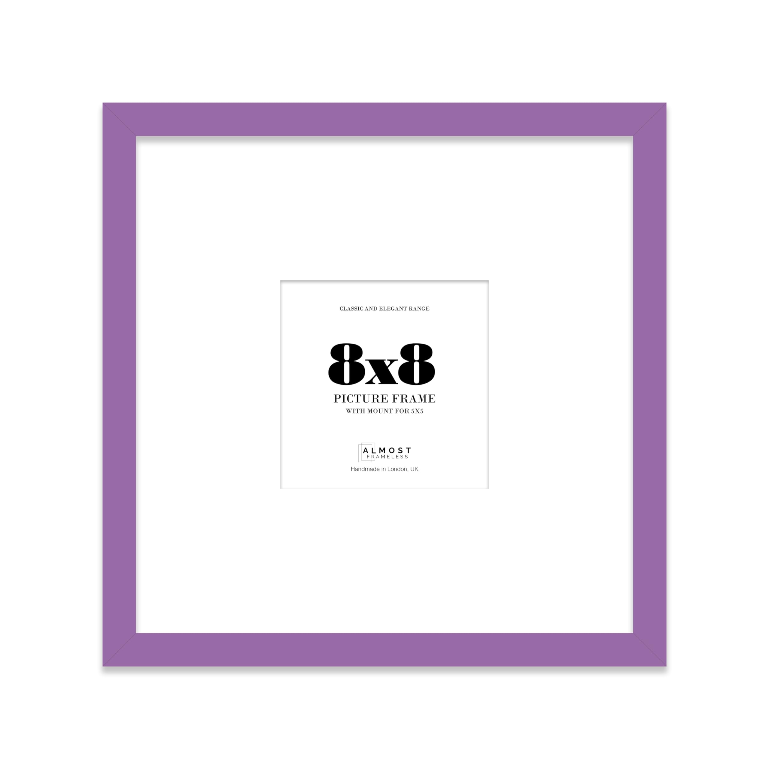 Almost Frameless 8x8 Square Picture Frame, Display Pictures 5x5 With Mat or 8x8 Without Mat, Wall Hanging & Free Standing Photo Frame, Purple, 1 Pack