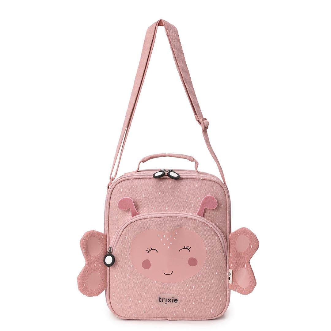 Trixie Isolierter Thermo - Brotbeutel mit Schultergurt, Vordertasche mit Reißverschluss, Namensschild, für Kinder in Schule, Kindergarten und Krippe (Mrs. Butterfly)