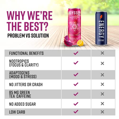Odyssey Elixir Sparkling Adaptogen Drink, Low Calorie Drinks, L Theanine, Lions Mane, Cordyceps & Green Tea Caffeine for Energy & Focus, Non-GMO, Vegan, Dragon Fruit Lemonade Flavor, 12 Fl oz, 12 Pack - Image 5