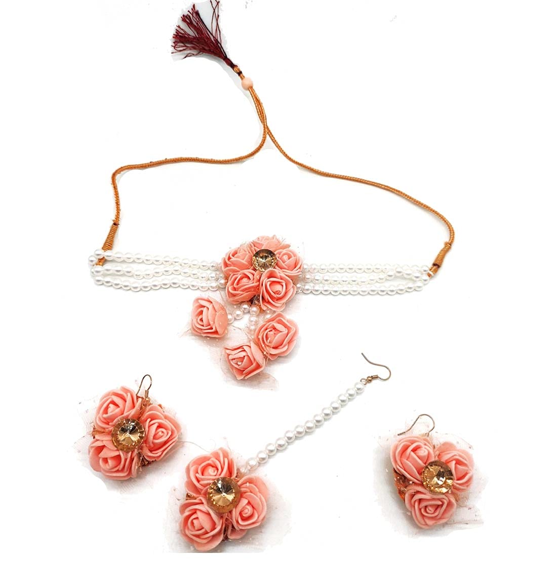 SR Sarthak Royal Necklace, Earrings, Tika Flower Jewellery Bridal Set for Women (Peach) (B095LLNXCG) Amazon Price History, Amazon Price Tracker