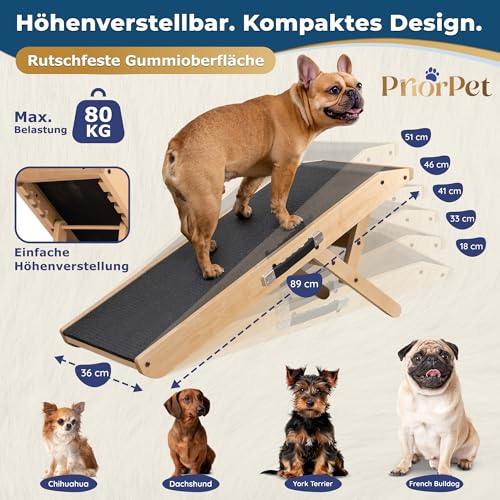 Hunderampe - Hundetreppe für kleine Hunde und große Hunde - Einstellbar 18-53 cm - Für Bett Sofa - Birkenholz - Landeplattform schließt nahtlos an - Rampe Hund Klappbar - Anti-rutsch Einsatz Naturel