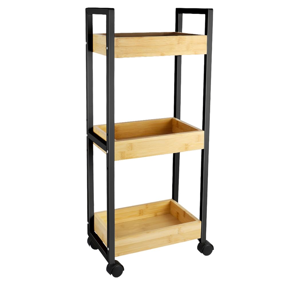 Huole - Carro de almacenamiento con ruedas de bambú con estante de 3 bandejas, carrito de almacenamiento de 3 niveles, estante de almacenamiento con ruedas para cuarto de baño, cocina de bambú, 20 x
