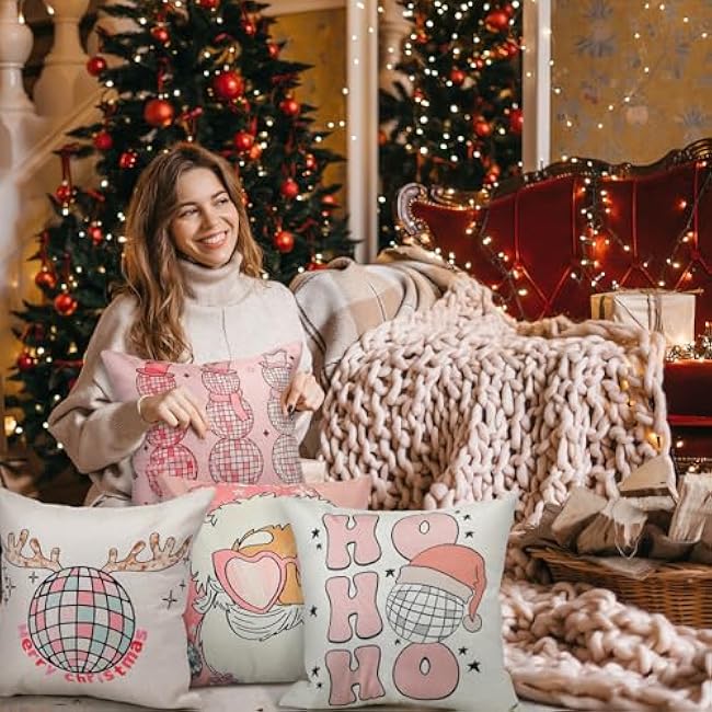 4 Pcs Preppy Pillow Cover - Pink Disco Ball Christmas Decorative Pillowcase - Cute Santa Snowman Girly Winter Decor for Sofa Couch Bedroom - 18 x 18 Inch