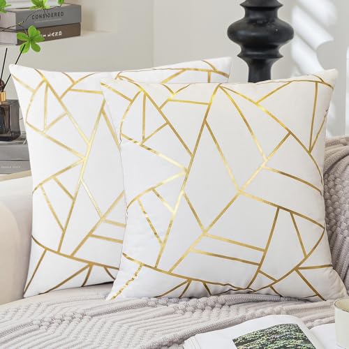 Fundas Cojín 40 x 40 Blanco Cojines de Sofá Geométricos Dorados Fundas Cojines de Terciopelo Deco Cojines de Dormitorio Modernos Fundas de Almohada Cuadradas Cojines de Cama Decoración Juego de 2
