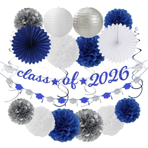 2026 Blue Class-Congratulations Prom Graduation Party-Decorations - 22pcs High School College Grad Supplies Decor Royal Navy White Silver Tissue Pom Poms Streamers Paper Flowers Lanterns Hugmoon