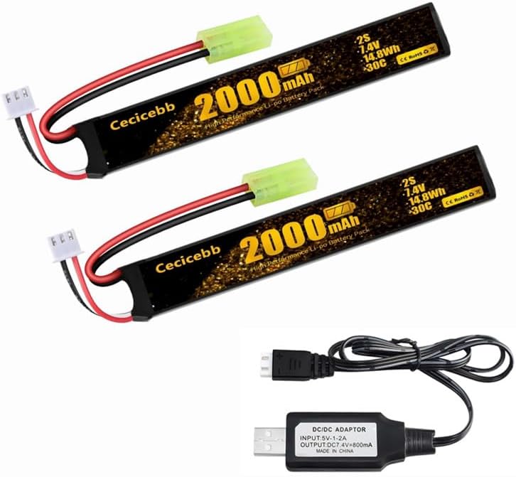 Batería Airsoft 7.4V 2000mAh 30C con Mini Tamiya Plug para Airsoft Modelo Pistolas Recargable 2S Lipo Batería 2 Pack con 7.4V USB Cargador Cable