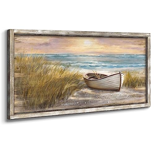 Beach Pictures for Wall for Bedroom Heavy Texture Boat Painting Framed Wooden Sailboat Wall Art Beach Theme Seaside Painting Artwork(48x24)