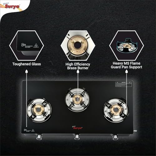 Image of GOLDEN SURYA Premium Toughened Glass Top Manual Ignition, 18 Months Warranty, BIS Certified, Gas Cooktop 3 Burner Gas Stove (CXJ-32 Flame Guard)