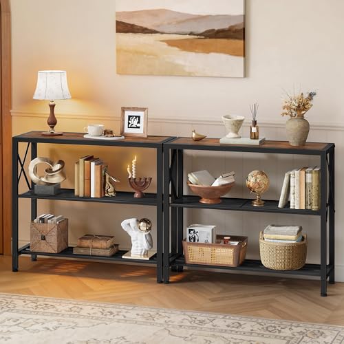 Image of Hoctieon Set of 2 Industrial Console Table, 3 Tier Entryway Table, Metal Frame, Sofa Table with Shelf, Hallway Table, Entrance Table for Entryway, Living Room, Foyer, Hallway, Rustic Brown&Black
