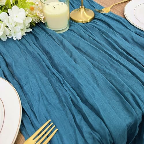 BGHEOUYV Chemin de table en étamine, 3 m, 88,9 x 304,8 cm – Chemin de table rustique en gaze pour décoration de fête prénuptiale, mariage, Action de grâce, anniversaire (bleu sarcelle)