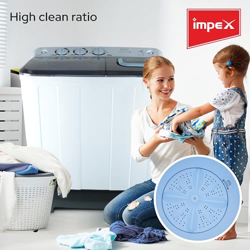 Impex 7 Kg Semi-Automatic Twin Tub Washing Machine | Lop-Load Washing Machine with Transparent Lid | Air Turbo, Rust-Free Body, Low Noise Motor, Collar Scrubber, 5 Kg Spin, Hand-Wash Design | WM 4204
