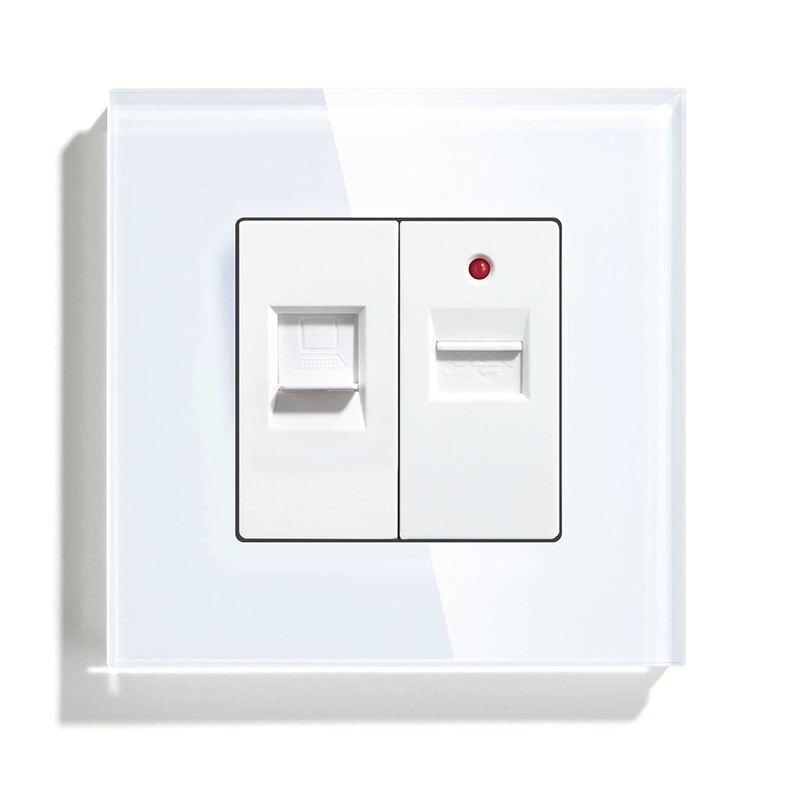 BSEED PC+USB Glass Panel RJ45 Cat5E Ethernet Wall Socket and Single USB Charging Power Outlet White — image 1