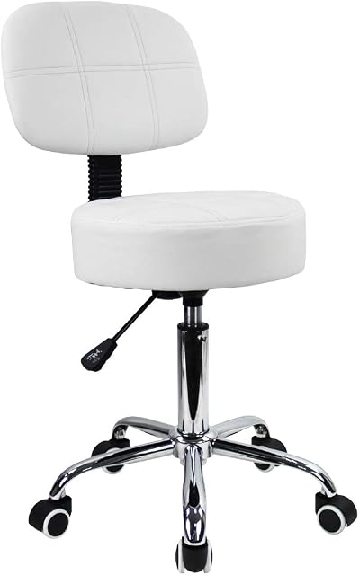 KKTONER Round Rolling Stool with Back PU Leather Height Adjustable Swivel Drafting Work SPA Salon Stools Chair with Wheels (White)
