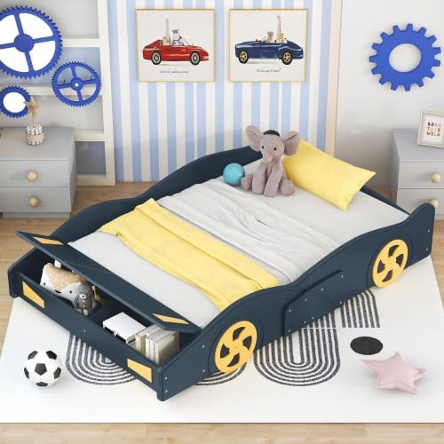 Miniatura 8 de Merax Cama de plataforma de tamaño completo, marco de cama de madera en forma de auto de carreras con ruedas y almacenamiento para niños y niños,
