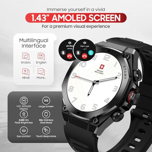 Image of Swiss Military DOM6 Smartwatch 1.43 inch AMOLED, Bluetooth Calling, Multi Language, Health & Sports Tracking, Wireless Charging, 7 Days Battery, IP67, iOS /Android Compatible, Black Frame with Black Strap