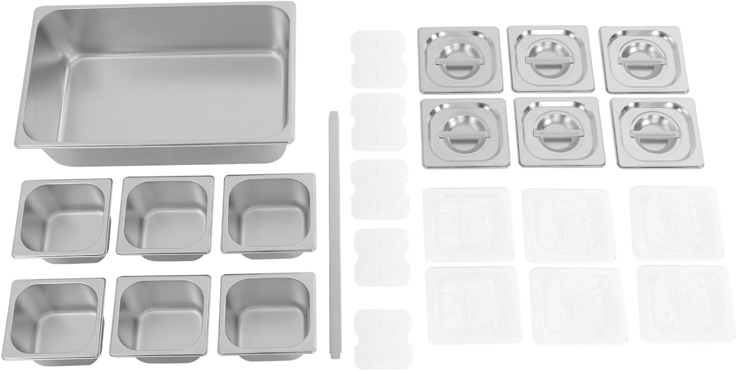 Countertop Food Serving Display Container, 6 Pan Stainless Steel Food Serving Tray with Acrylic Replaceable Lids and Water-filtering Gaskets, Buffet Condiment Dispenser Display Rack