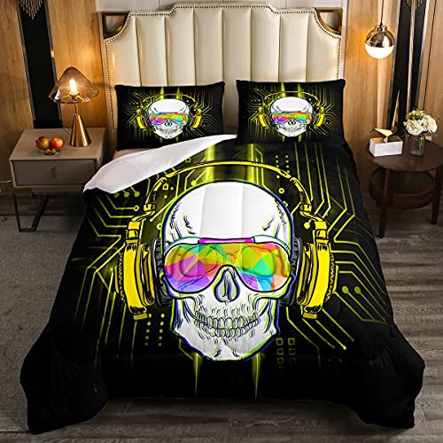 Edredón de calavera, diseño de calavera, diseño de punk, para niños y niñas, diseño de calavera hippie y calavera, de microfibra, juego de edredón de plumón, tamaño king