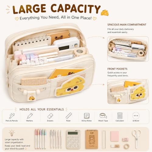 Image of Kawaii Cute Aesthetic Pencil Case for Students | Large Capacity Multi-Pocket Pencil Pouch with Zipper | Cartoon Stationery Organizer Bag for School, College & Office Supplies (Beige)