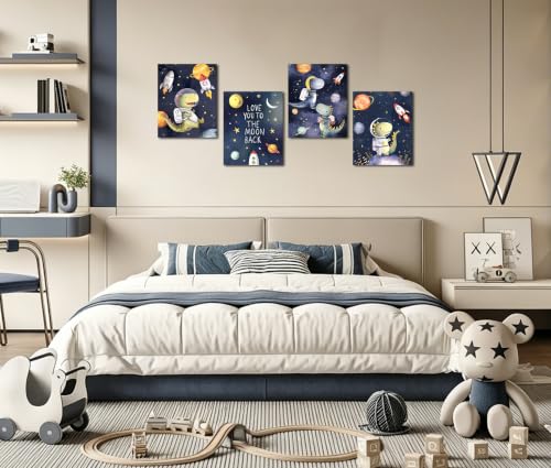 Image of Frimeeme Space Dinosaur Astronaut Wall Art Prints, Set of 4, 8x10 in | Watercolor Planets and Rockets Poster, Kids Nursery Decor, Unframed