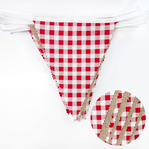 Image of 26Ft Red Plaid Burlap Banner Red Checkered Burlap Pennant Triangle Flag Garland Streamers Vintage Fireplace Wall Hanging for Rustic Birthday Wedding Baby Shower Engagement Boho Picnic Camping Decor