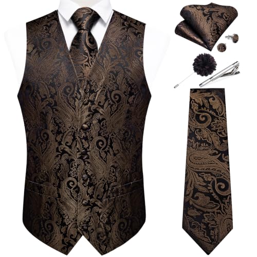 Image of DiBanGu Mens Vest and Tie Set Formal Paisley Waistcoat and Necktie Pocket Square Cufflinks Silk Suit Vest for Tuxedo Wedding