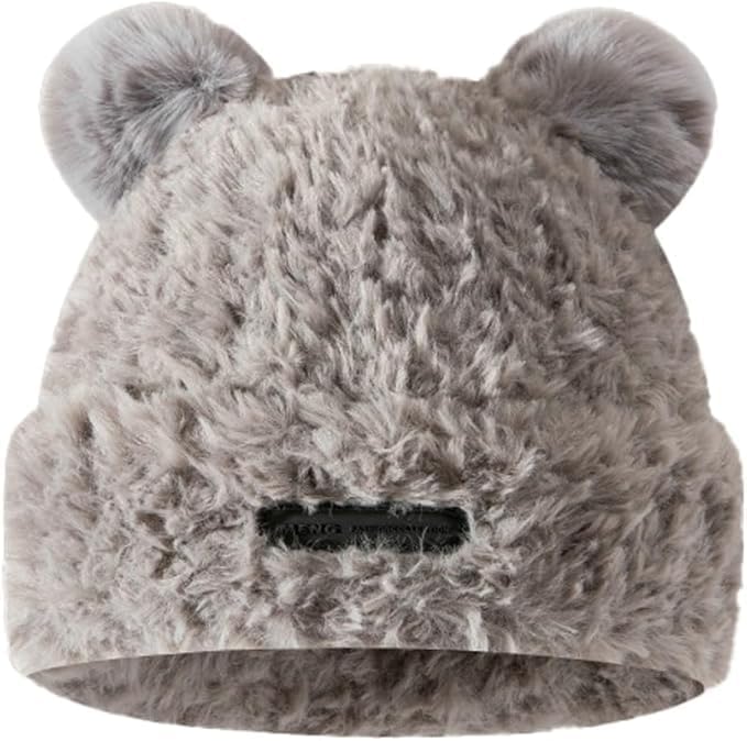 Womens Winter Beanie Hat Cute Fuzzy Bear Ear Hat Soft Plush Warm Knitted Cap for Women