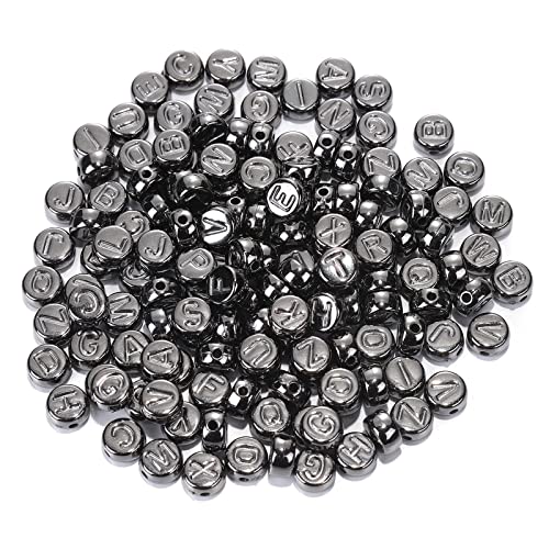 200pcs Gun-Black Plated Acrylic Flat Round Alphabet Letter Beads 7mm Pony Disc Coin A-Z Letter Pattern Loose Spacer Beads for DIY Jewelry Bracelet Making