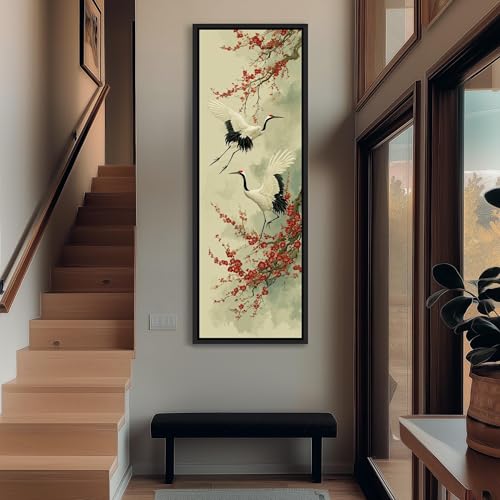 Peinture japonaise à l'encre avec oiseau et fleurs rouges sur toile fine de 55x110 - 3