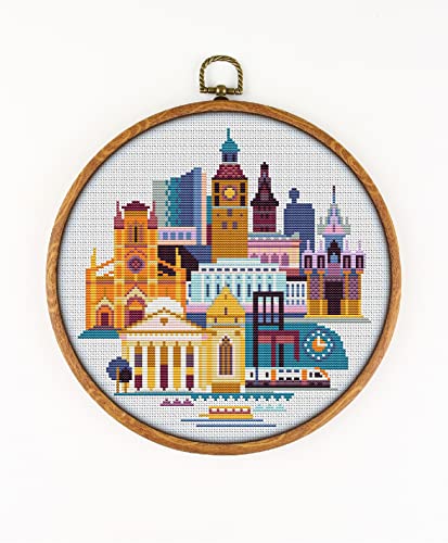 Geneva Switzerland CS043 - Counted Cross Stitch KIT#2. Set of Threads, Needles, AIDA Fabric, Needle Threader, Embroidery Clippers and Printed Color Pattern Inside.