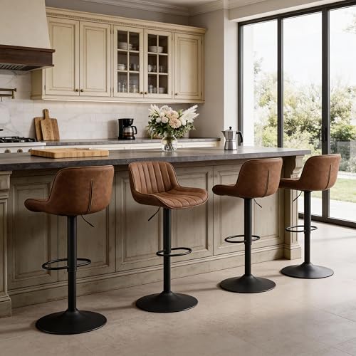 Fat Ant Set de 4 Butacos de Bar, Asiento Ajustable de Cuero PU, Giratorio, Altura para Barra, Sillas Modernas sin Brazos para Isla de Cocina, Amarillo Marrón miniatura 7