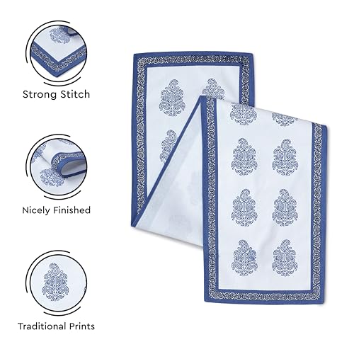 Image of Encasa XO Dining Table Runner for 4 to 6 Seater | Indigo-01 Block Printed Cotton Canvas | 32x150 cm | Jaipur Sanganeri Hand Print
