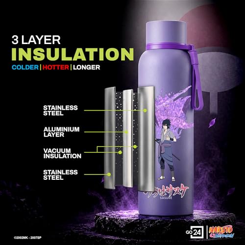 Image of Water Bottle 700ml Stainless Steel | Hot & Cold Flask | ISI Certified Steel Bottle | Three Layer Insulation | Leakproof for Home, Office | 1-Year Warranty | Naruto | Purple - Sasuke
