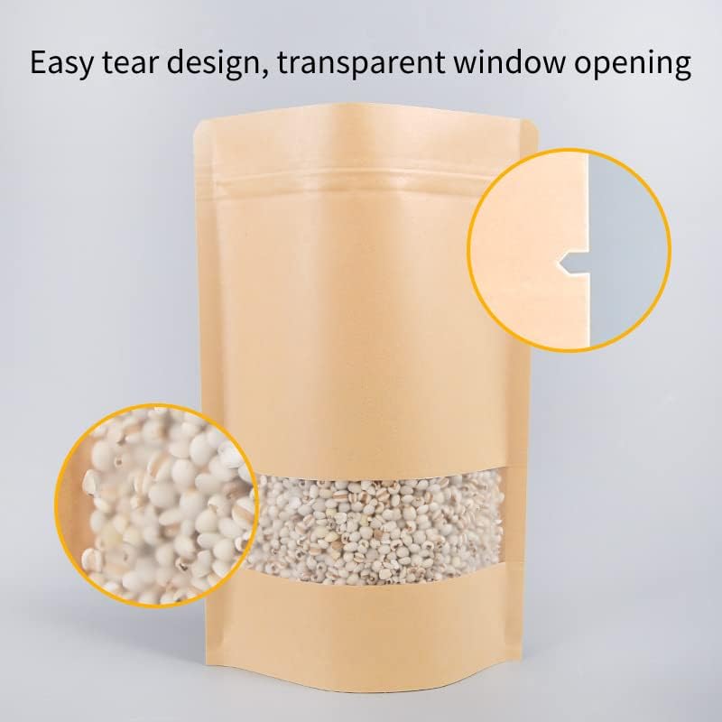 DecentGadget® Reusable Ziplock Grip Seal Bags Waterproof Kraft Paper Pouch with Transparent Window Food Storage Stand Up Packing Bag for Coffee Bean Nuts Tea Leaf Cookis and Snacks (30 * 20cm 50pcs)