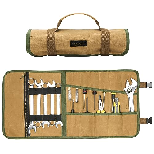 Canvas Tool Roll, Portable Roll Up Tool Pouch - 16OZ Waxed Canvas Wrench Organization | with 12 Slots & Elastic Band & 1 Zippered Pocket | for Pliers Chisels Spanners Screwdrivers