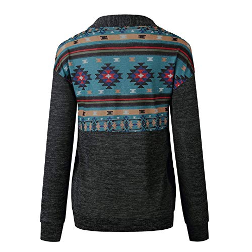 Voopptaw Women's Aztec Print Pullover Tops Long Sleeve Lapel Zip Up Sweatshirt Hoodie With Kangaroo Pocket Blue Medium #TOP3