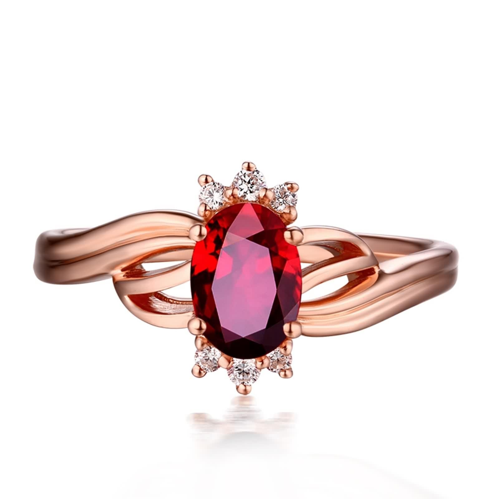 Anello rubino in vera pietra, fedi nuziali in oro 750 classico oro rosa 18 carati con rubino ovale multiriga con diamante rotondo rosso, 18 (18,5), Rubino Diamante