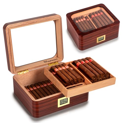 Cigar Humidors Cedar Wood Humidor with Digital Hygrometer Drawers Humidifiers and Gold-Plated Hardwares. Cigar humidor Cabinet for Men Husband Father 50 Cigars Capacity