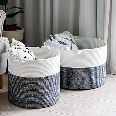 INDRESSME Grey XXXL Large Storage Basket Baby Nursery Basket and Large Woven Blanket Basket with Handles (Set of 2) Cover