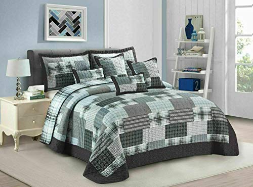 PRIME LINENS Quilted Patchwork Bedspread Bed Throw 2 Piece Embossed Coverlet with 1 Pillow Sham (Check Denim Grey, Single)