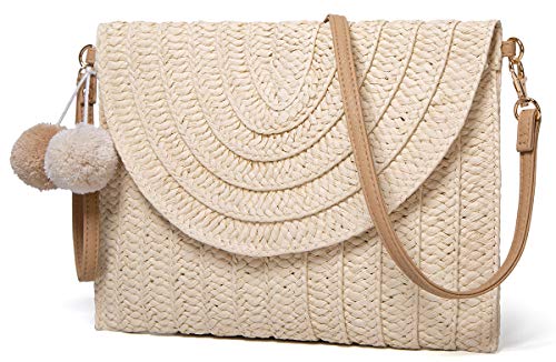 Image of Straw Clutch Women Hand-woven PomPom Crossbody Bag Summer Beach Envelope Purse Wallet