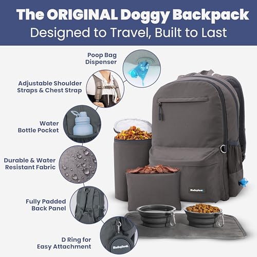 Image of Dog Travel Bag for Supplies - Complete Dog Diaper Bag Backpack with 2 BPA-Free Travel Bowls, Treat Pouch, Food Container, Placemat & Laptop Sleeve - for Traveling, Road Trips, Hiking: Dk Grey