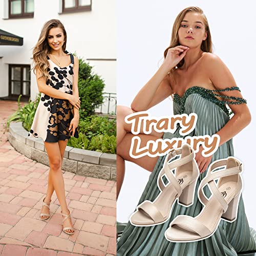 Image of Trary Women's Block Chunky Heel Sandals for Women Open Toe Adjustable Cross Ankle Strap Dress Shoes Walking Wedding Evening Bridal Heels