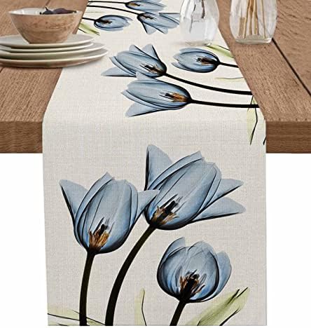 Blue Floral Table Runner 70 Inches Long,Kitchen Dinner Retro Tulip Flower Cotton Linen Dining Table Runners Long Dresser Scarf,Farmhouse Burlap Holiday Tablerunner for Coffee/Dining/Party/Wedding