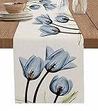 Blue Floral Table Runner 70 Inches Long,Kitchen Dinner Retro Tulip Flower Cotton Linen Dining Table