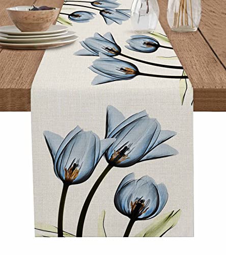 Blue Floral Table Runner 36 Inches Long,Kitchen Dinner Retro Tulip Flower Cotton Linen Dining Table Runners Dresser Scarf,Farmhouse Burlap Holiday Tablerunner For Coffee/Dining/Party/Wedding Table #TOP15