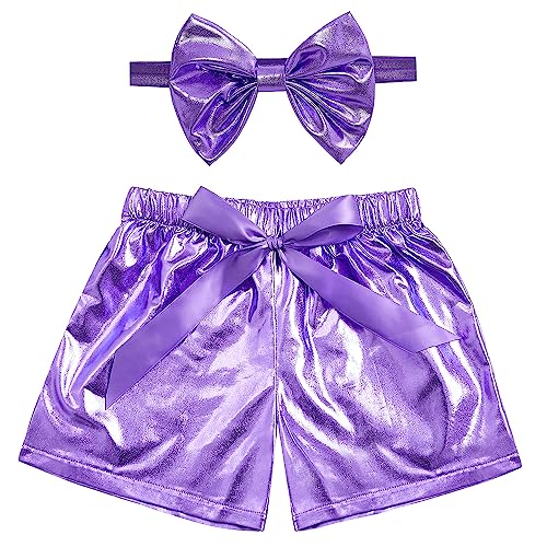 Baby Girls Metallic Shorts Sparkle Shiny Toddler Shorts PU Faux Leather Elastic Waist with Cute Headbands