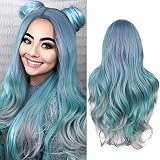 WIGER Long Wavy Rainbow Wigs Bluish Green Long Curly Hair Middle Part Multi-Color Wigs Synthetic Mer