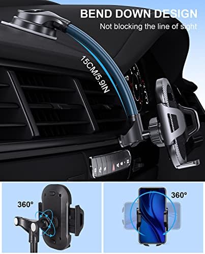 Huryfox Gooseneck Car Phone Holder - Windscreen Dashboard Mobile Phone Holder for Cars Mount, Flexible Universal Long Arm Adjustable Strong Suction Car Phone Mount for iPhone 13/12/11 Samsung Huawei