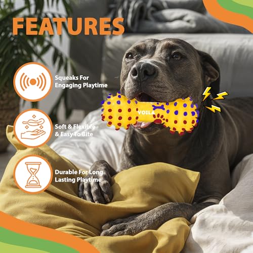Image of Voila Pet Dumbbell Toy for Dogs, Durable & Safe Toy for Small, Medium & Large Breeds, Interactive for Playtime & Fetch, Non-Toxic, Squeaky Dumbbell (Pack of 1) Yellow